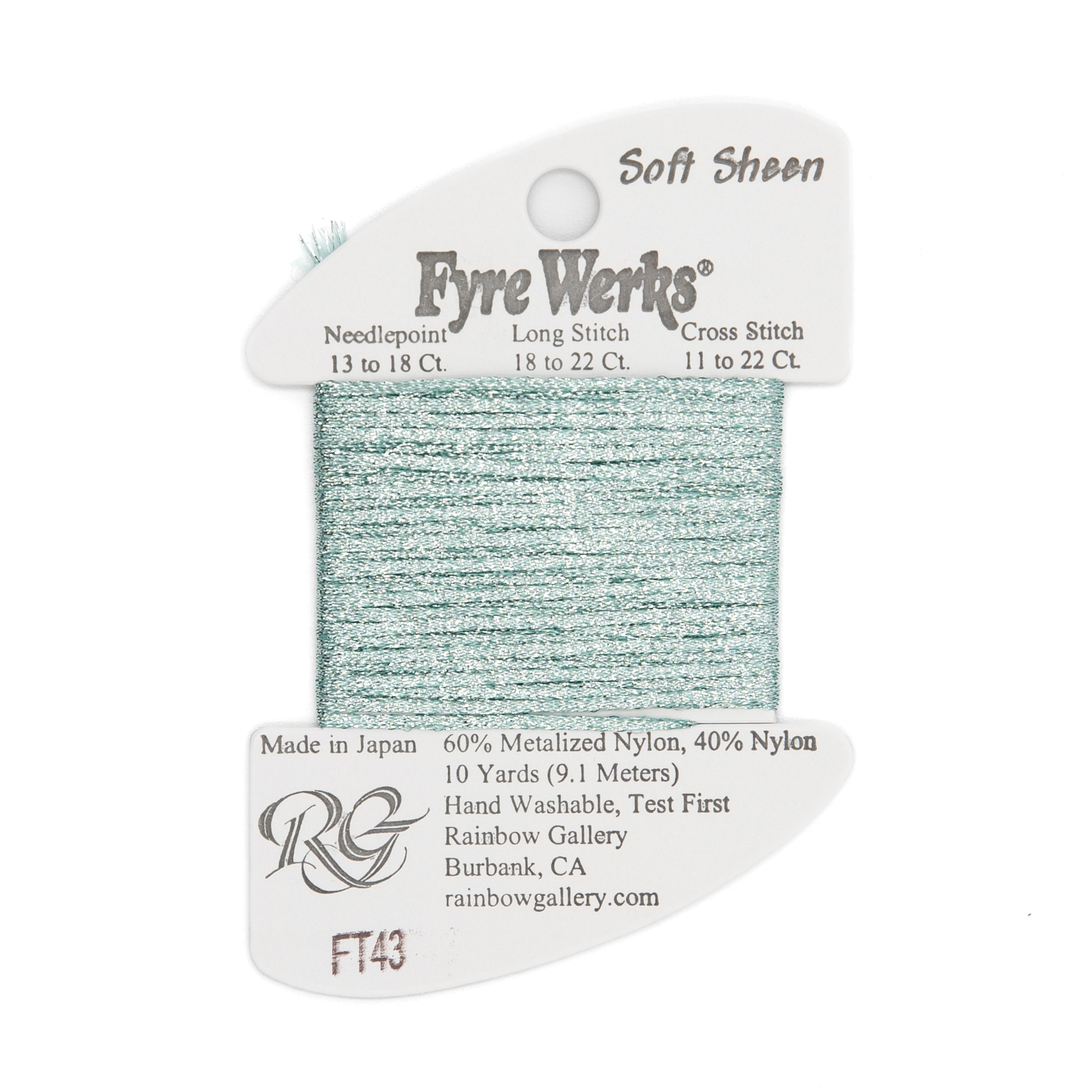 Fyre Werks Soft Sheen FT43 Lite Aqua — Rainbow Gallery thread for needlepoint, 13 and 18 mesh