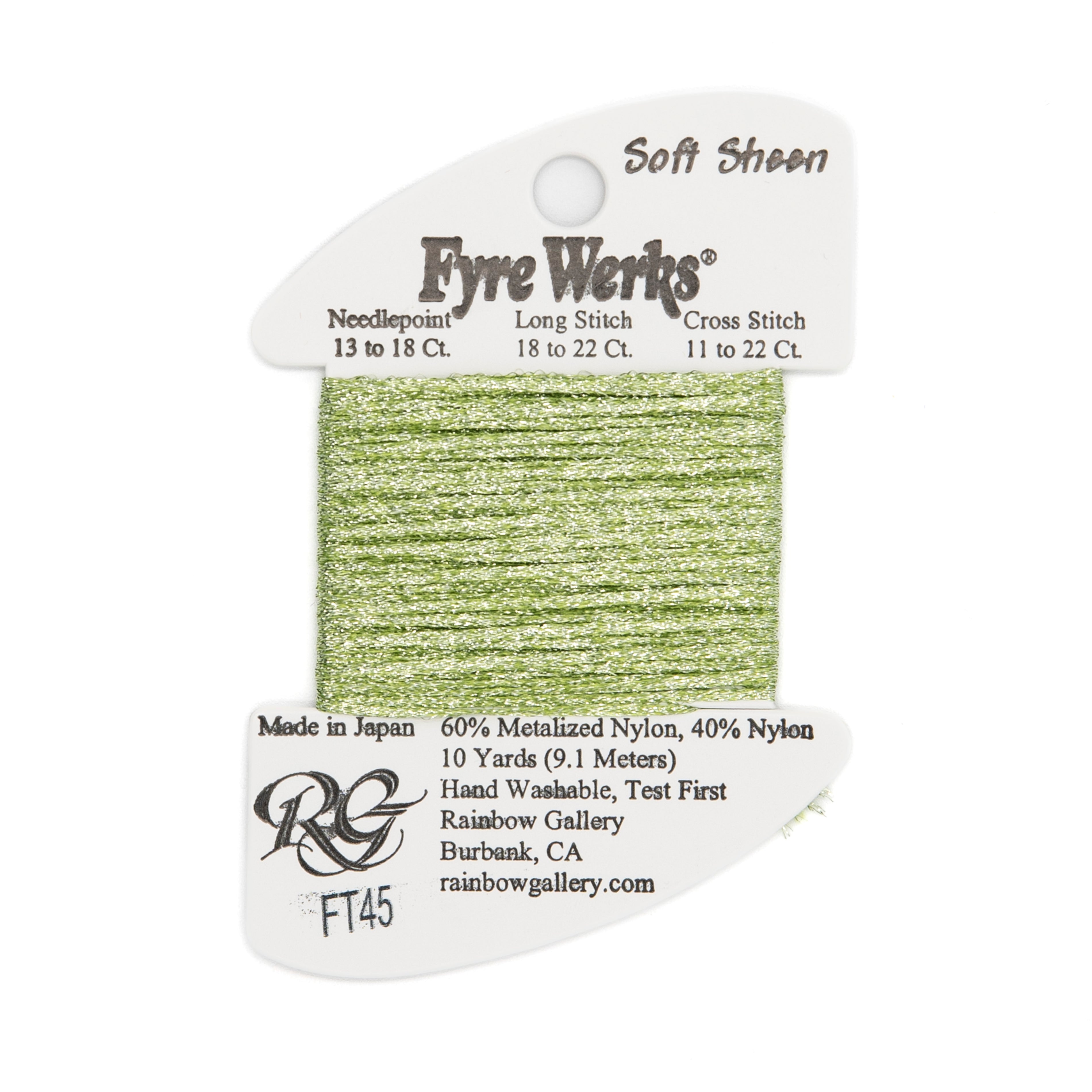 Fyre Werks Soft Sheen FT45 Lite Avocado — Rainbow Gallery thread for needlepoint, 13 and 18 mesh