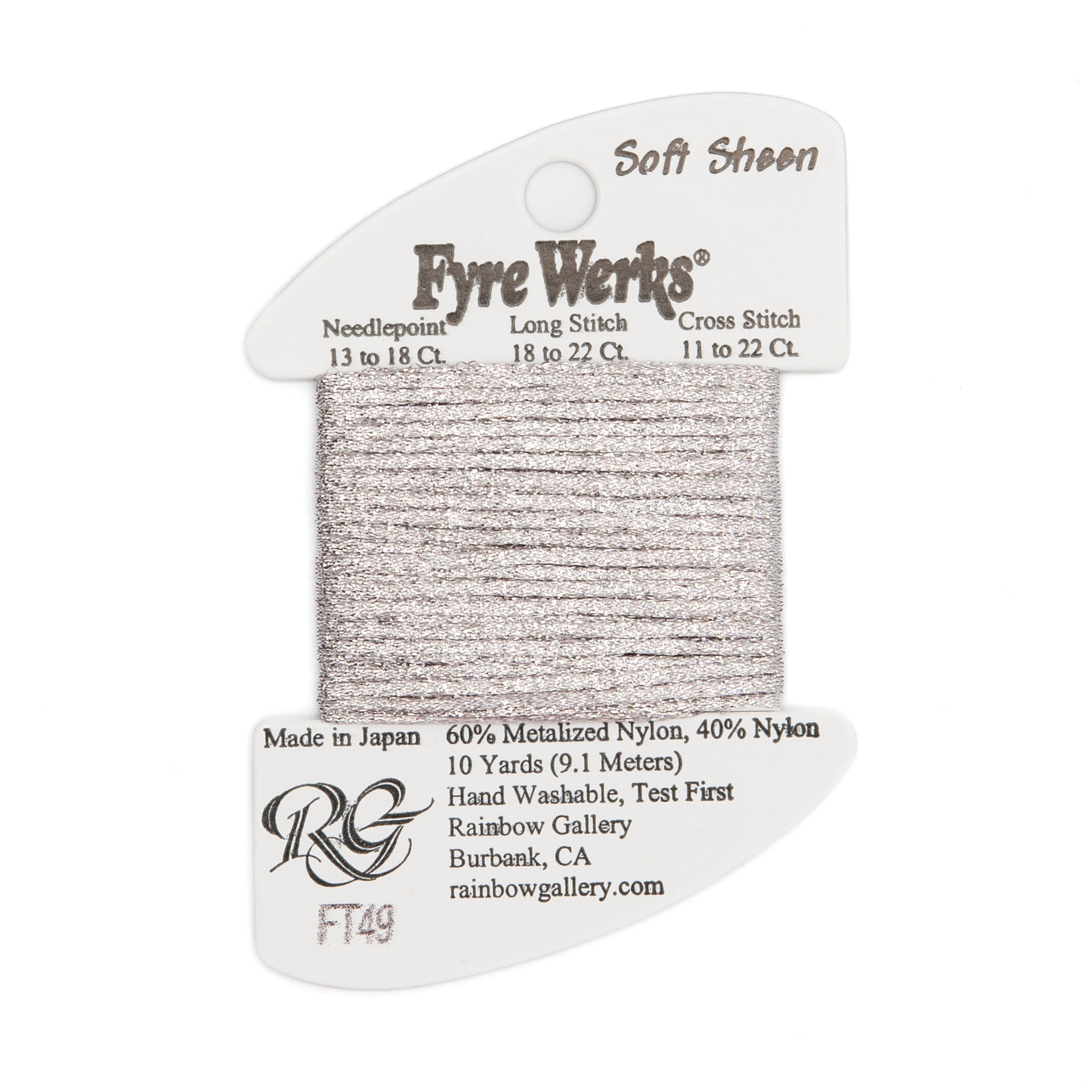 Fyre Werks Soft Sheen FT49 Platinum — Rainbow Gallery thread for needlepoint, 13 and 18 mesh