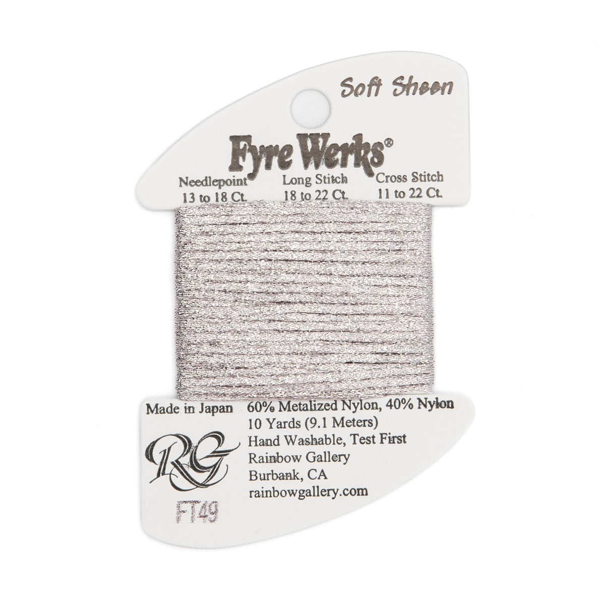 Fyre Werks Soft Sheen FT49 Platinum — Rainbow Gallery thread for needlepoint, 13 and 18 mesh