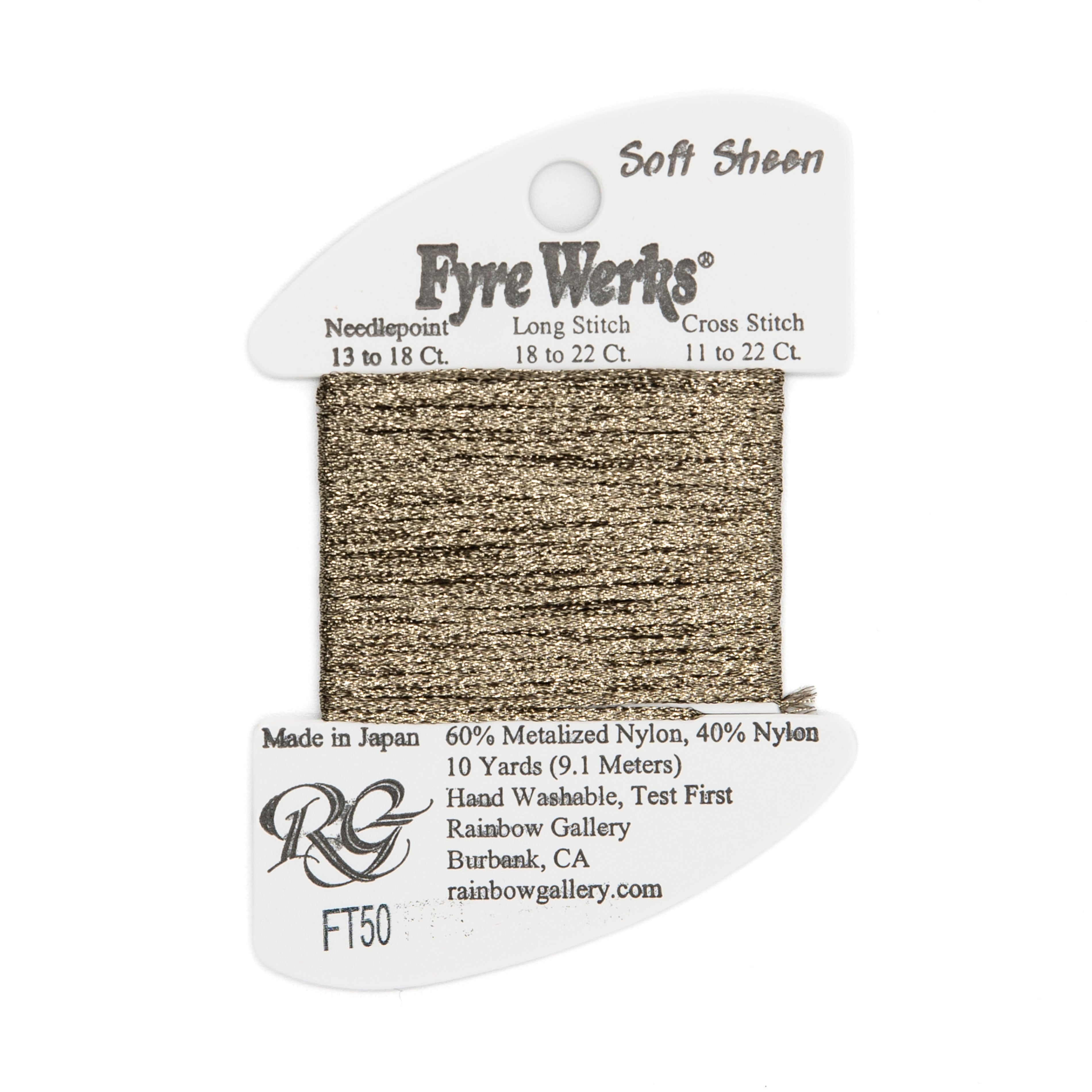 Fyre Werks Soft Sheen FT50 Old Brass — Rainbow Gallery thread for needlepoint, 13 and 18 mesh