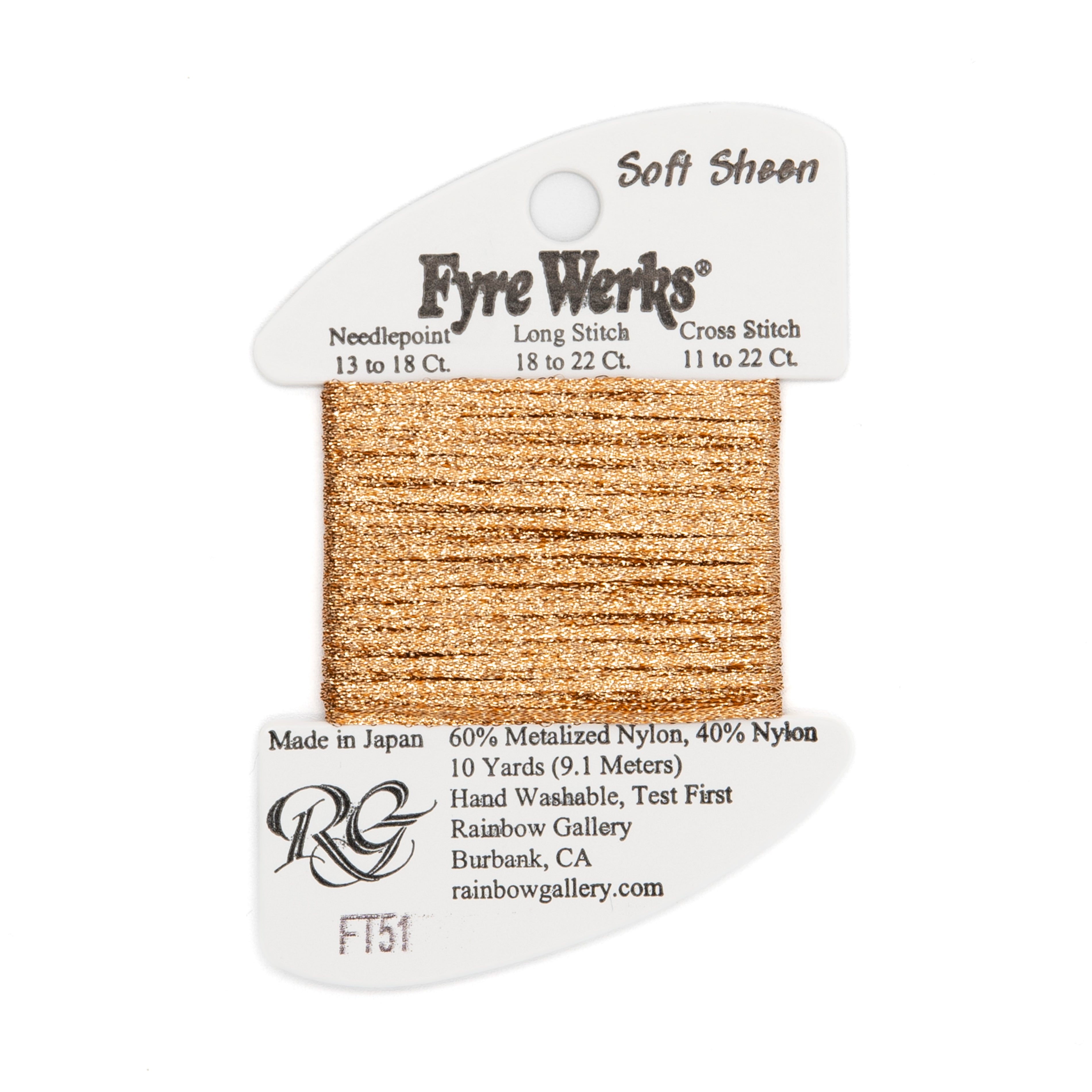 Fyre Werks Soft Sheen FT51 Copper — Rainbow Gallery thread for needlepoint, 13 and 18 mesh