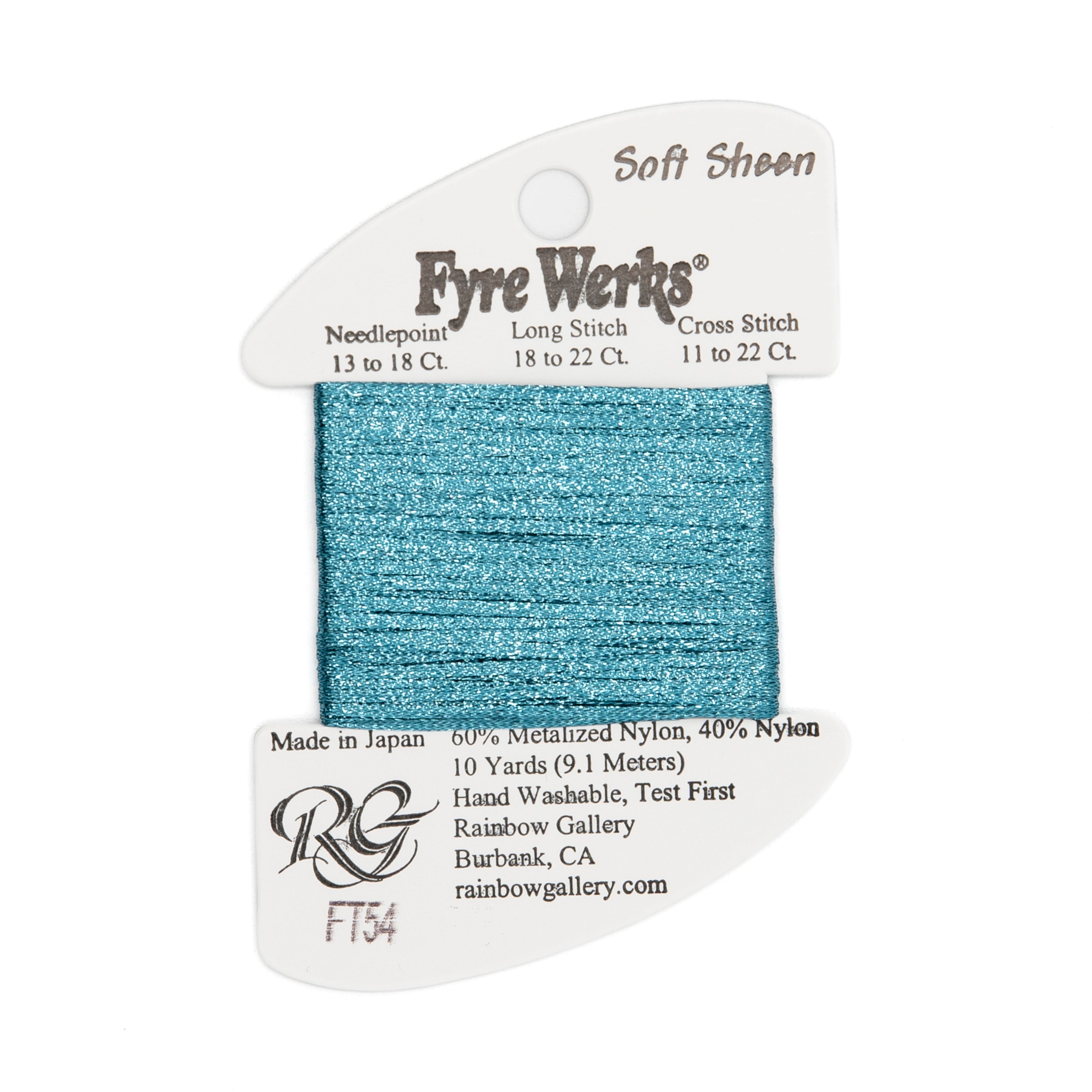 Fyre Werks Soft Sheen FT54 Ocean Blue — Rainbow Gallery thread for needlepoint, 13 and 18 mesh