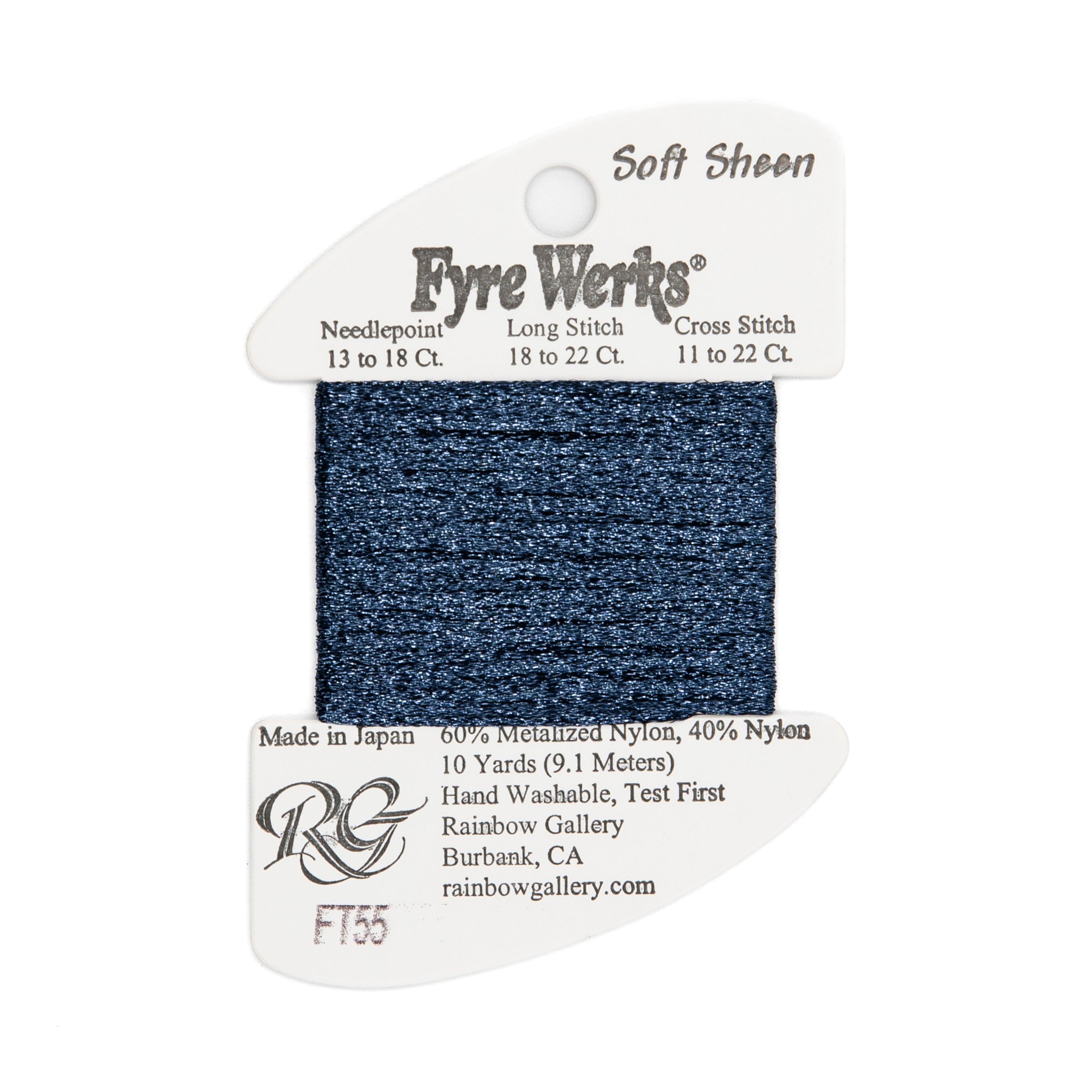 Fyre Werks Soft Sheen FT55 Midnight Blue — Rainbow Gallery thread for needlepoint, 13 and 18 mesh