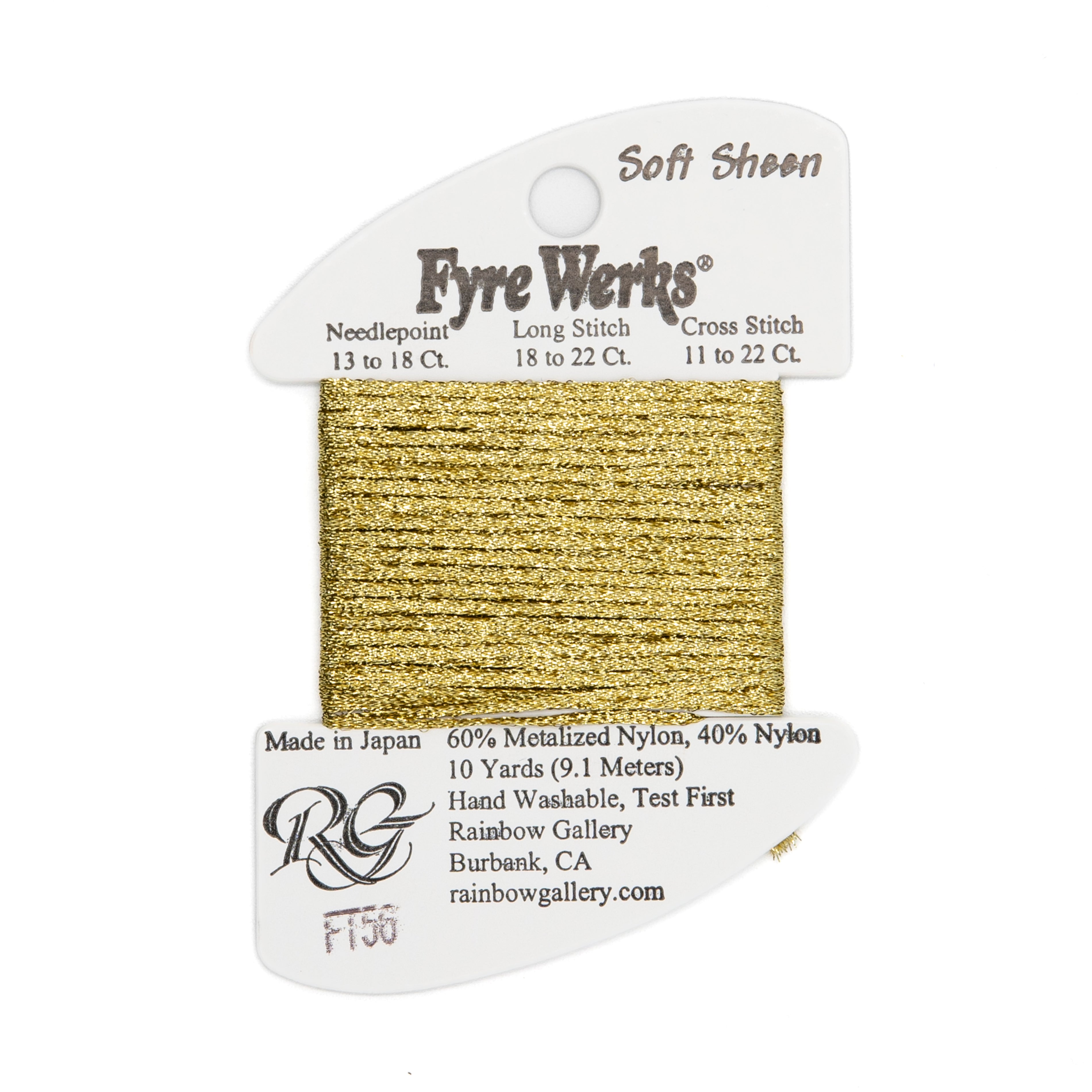Fyre Werks Soft Sheen FT56 Vintage Gold — Rainbow Gallery thread for needlepoint, 13 and 18 mesh
