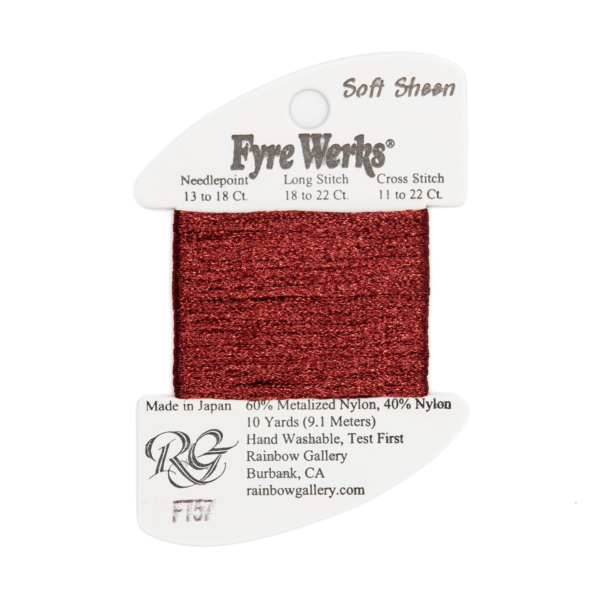 Fyre Werks Soft Sheen FT57 Merlot — Rainbow Gallery thread for needlepoint, 13 and 18 mesh