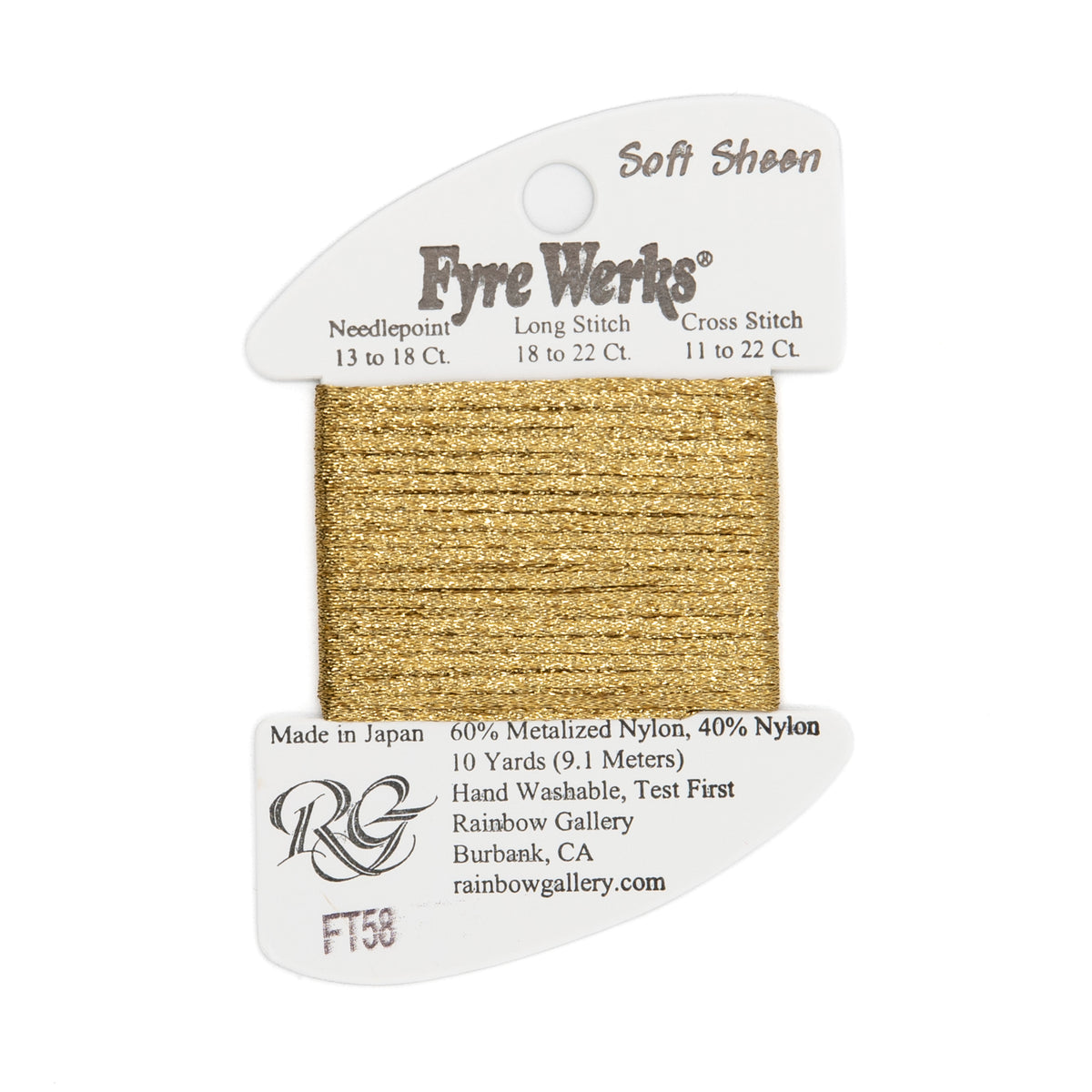 Fyre Werks Soft Sheen FT58 Gold — Rainbow Gallery thread for needlepoint, 13 and 18 mesh