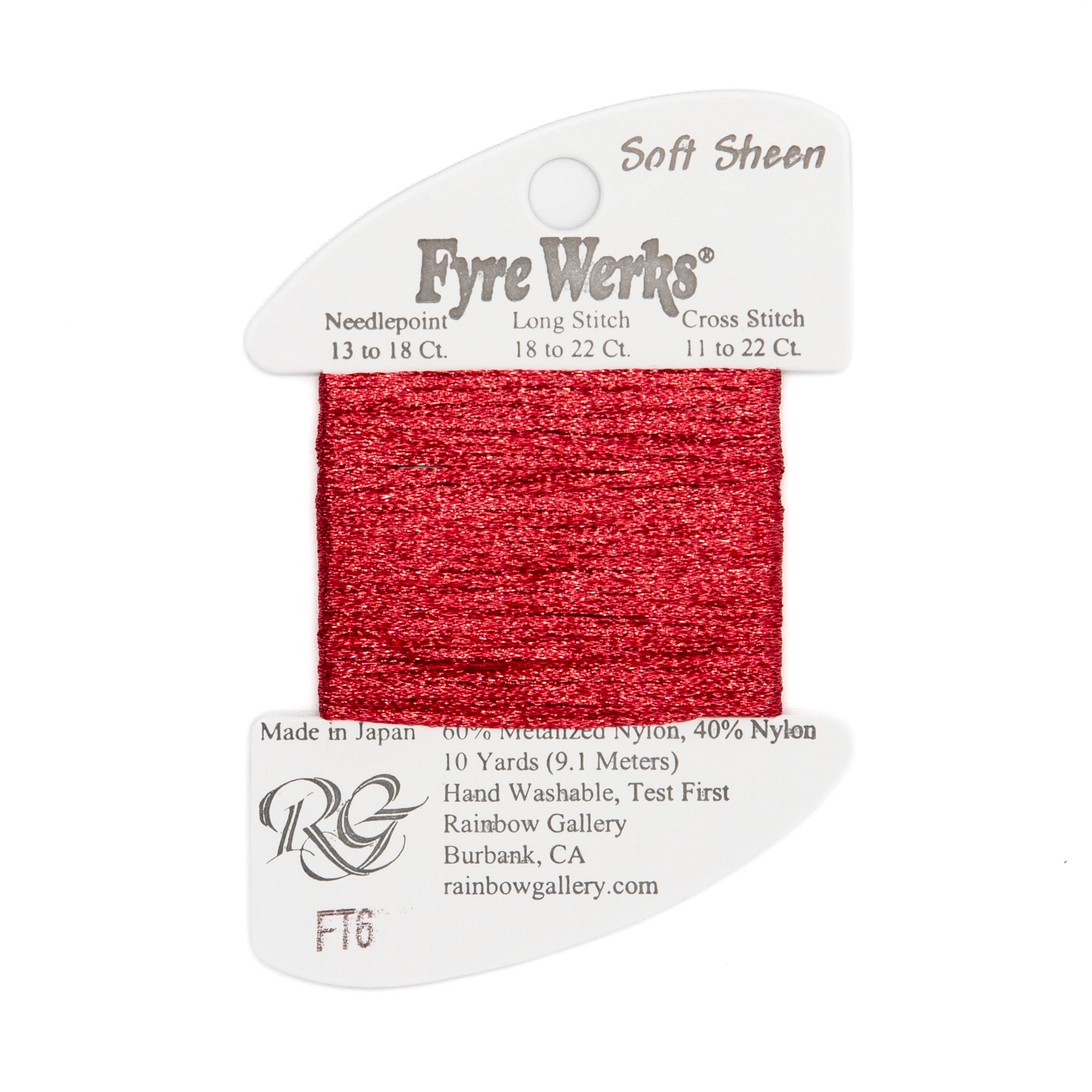 Fyre Werks Soft Sheen FT6 Brite Christmas Red — Rainbow Gallery thread for needlepoint, 13 and 18 mesh
