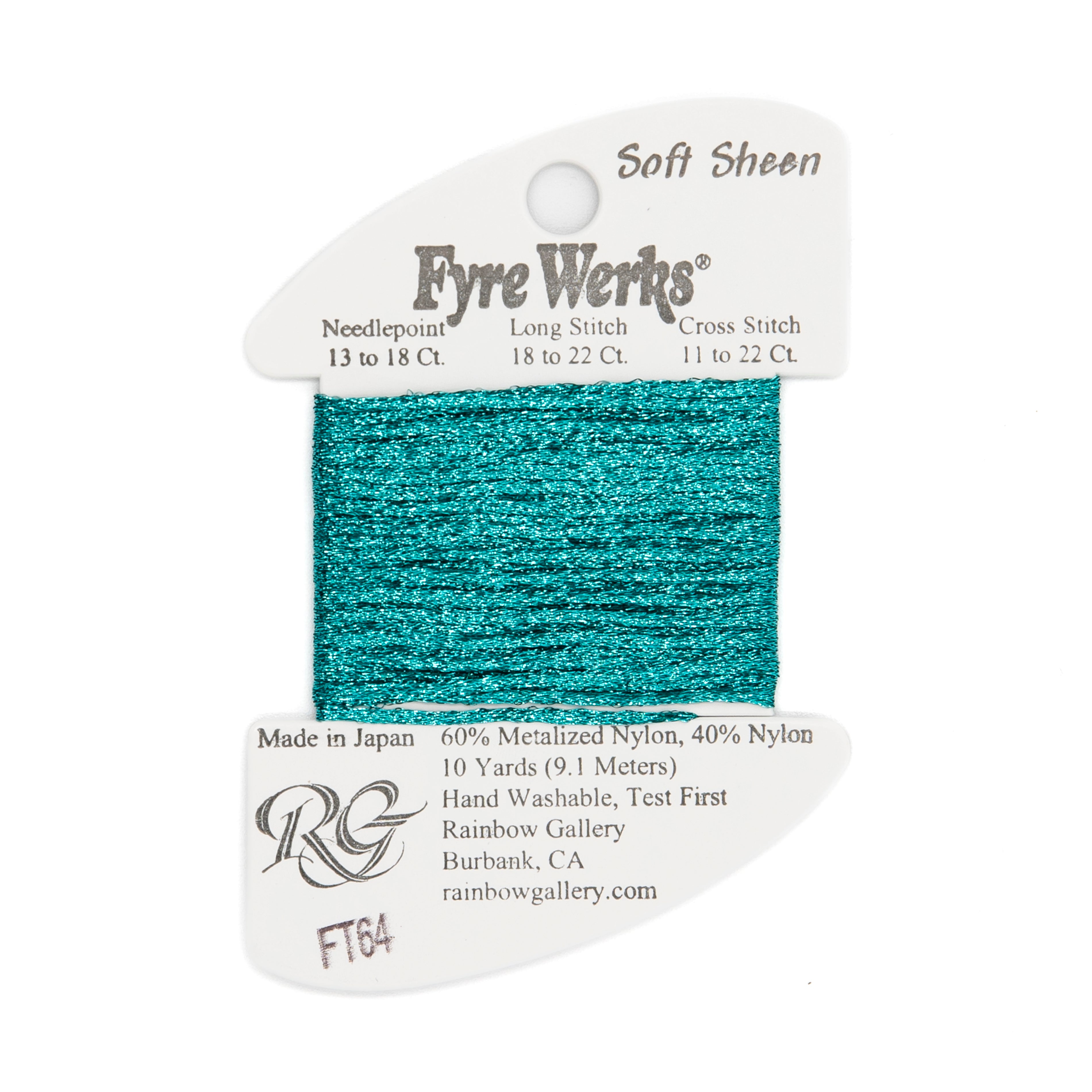 Fyre Werks Soft Sheen FT64 Dark Aqua — Rainbow Gallery thread for needlepoint, 13 and 18 mesh