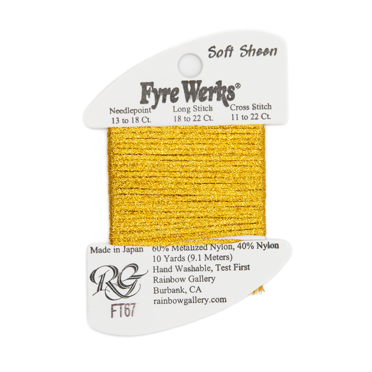 Fyre Werks Soft Sheen FT67 Inca Gold — Rainbow Gallery thread for needlepoint, 13 and 18 mesh