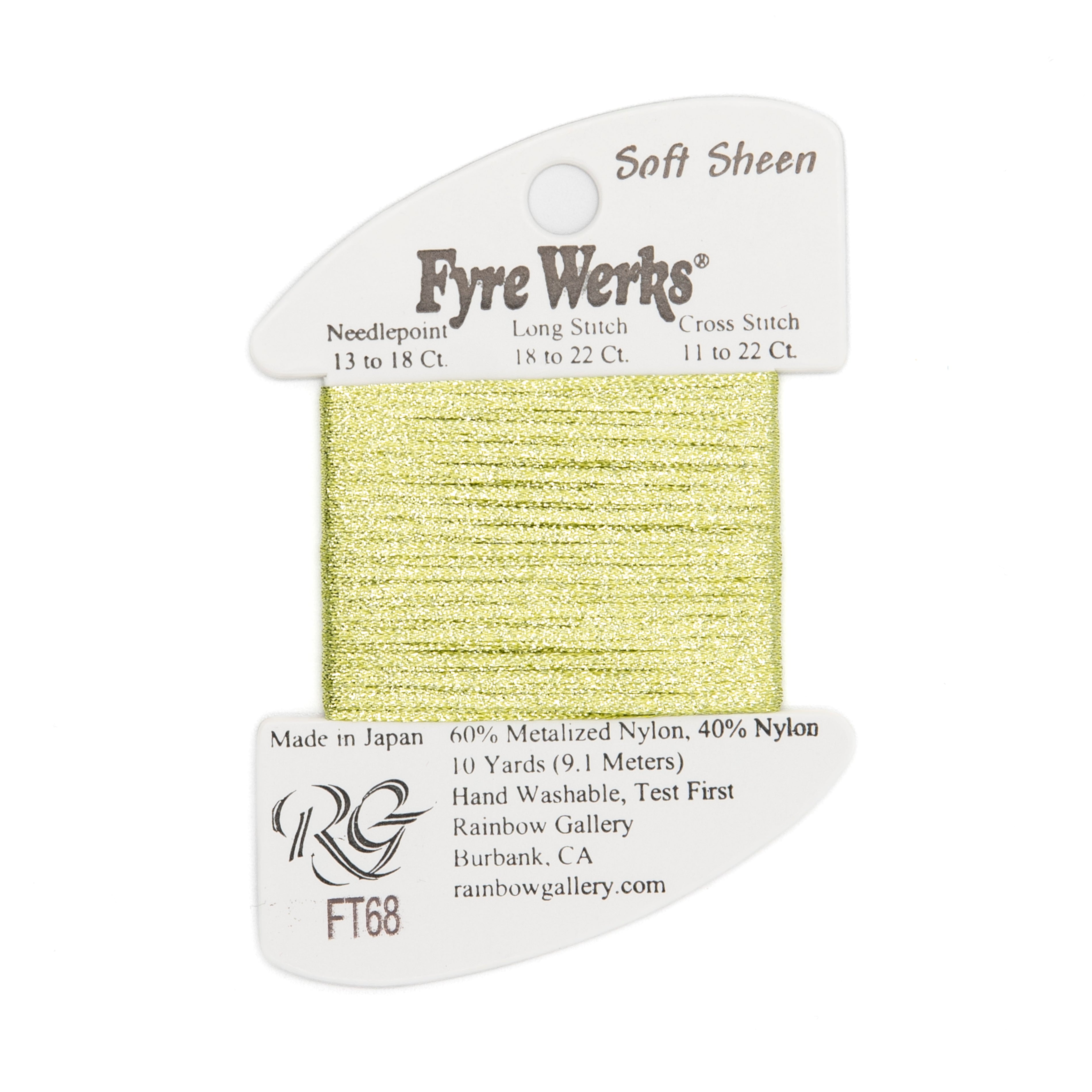 Fyre Werks Soft Sheen FT68 Daiquiri Green — Rainbow Gallery thread for needlepoint, 13 and 18 mesh