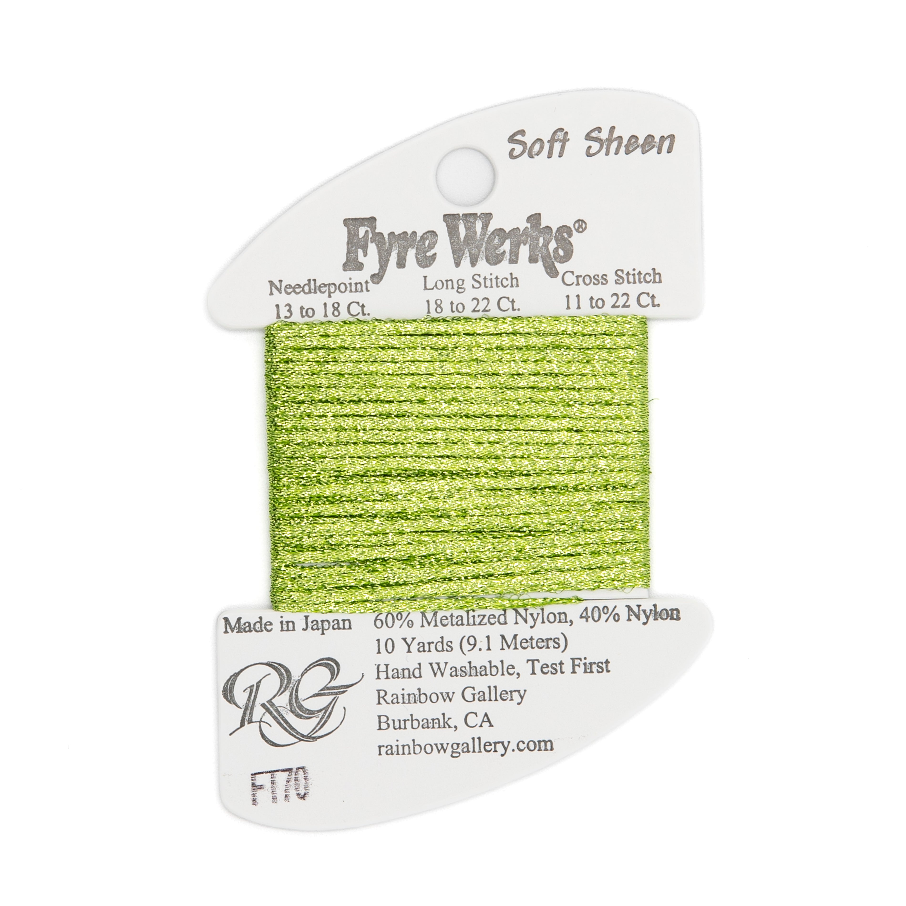 Fyre Werks Soft Sheen FT70 Chartreuse — Rainbow Gallery thread for needlepoint, 13 and 18 mesh