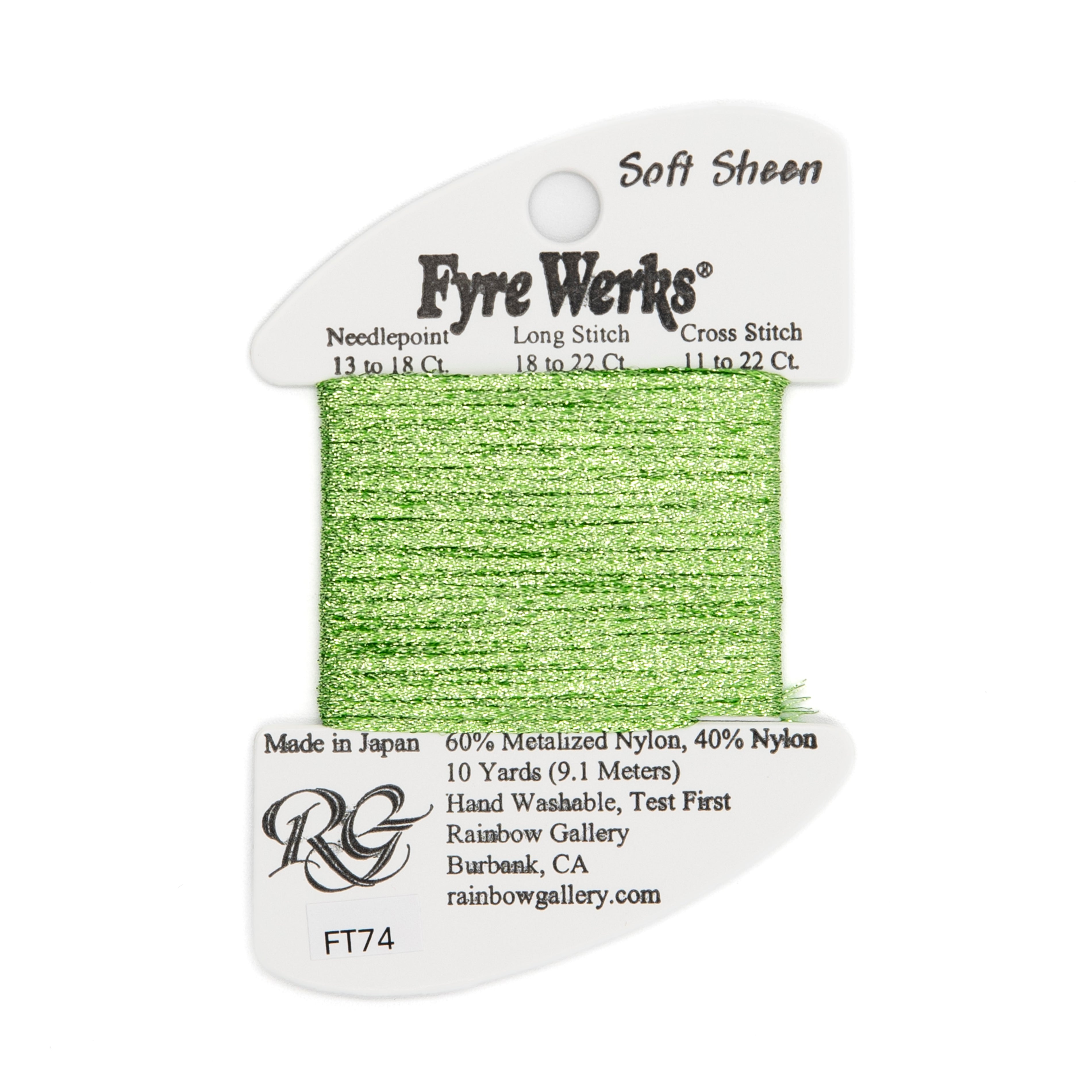 Fyre Werks Soft Sheen FT74 Jade — Rainbow Gallery thread for needlepoint, 13 and 18 mesh