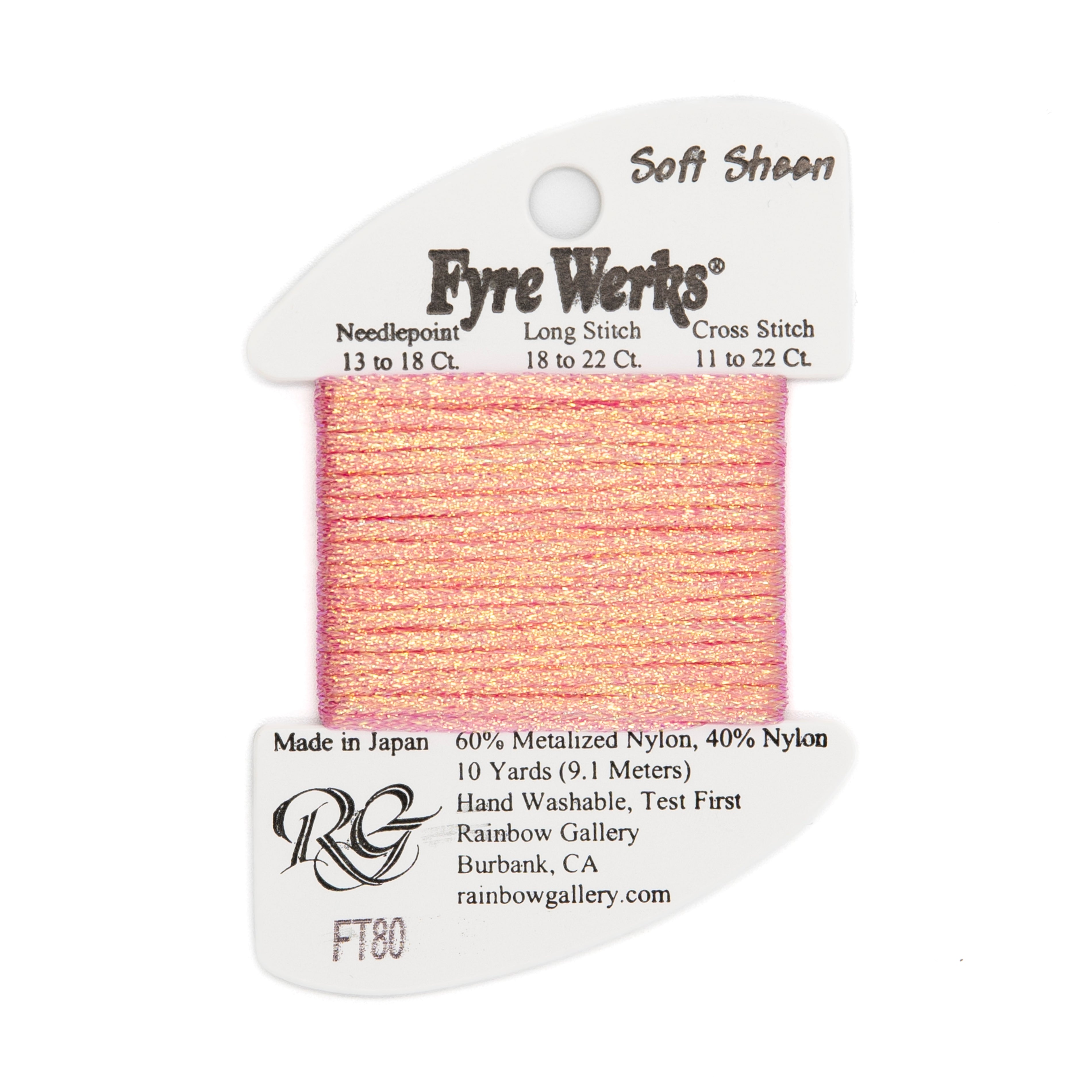 Fyre Werks Soft Sheen FT80 Pink Pearl — Rainbow Gallery thread for needlepoint, 13 and 18 mesh