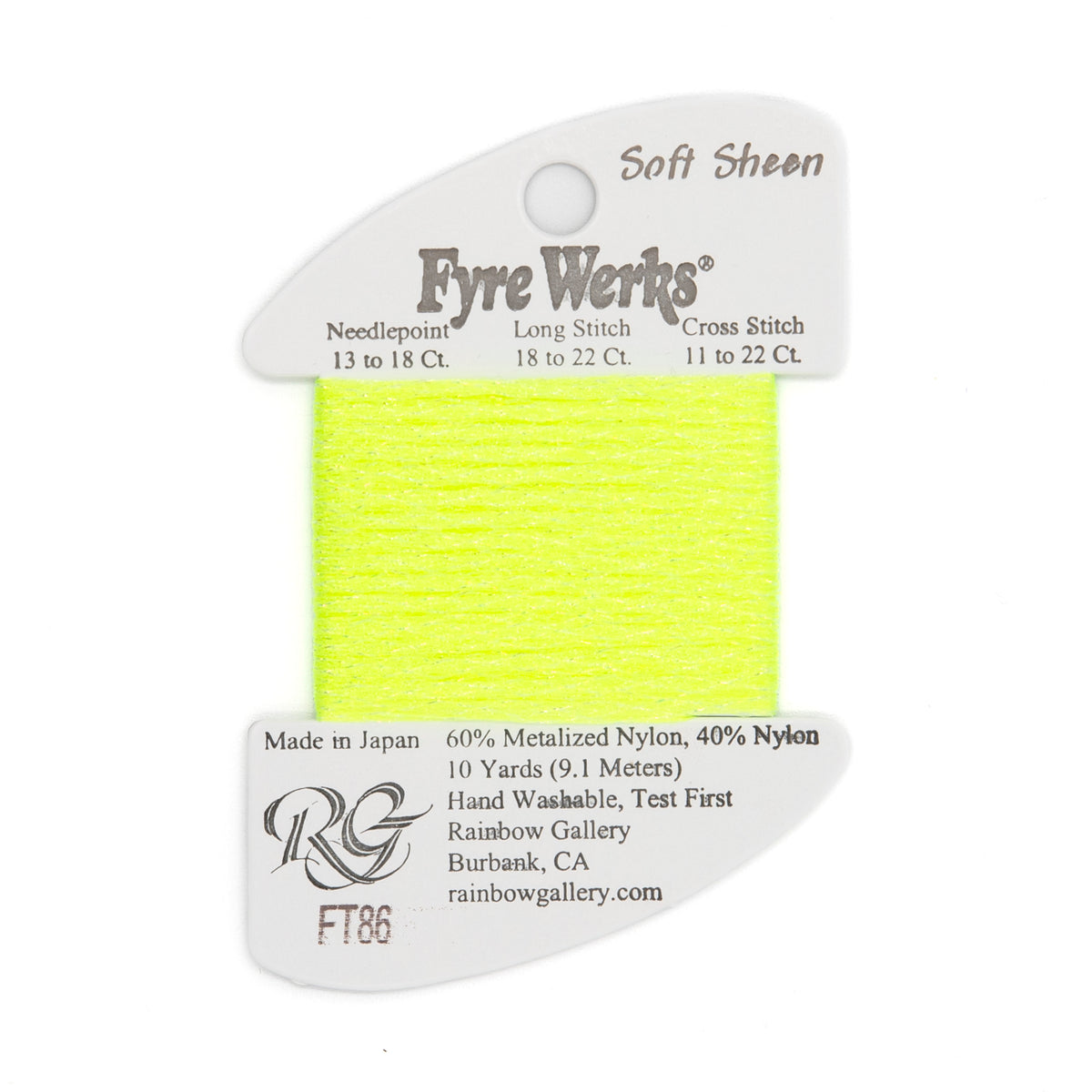 Fyre Werks Soft Sheen FT86 Sharp Green — Rainbow Gallery thread for needlepoint, 13 and 18 mesh