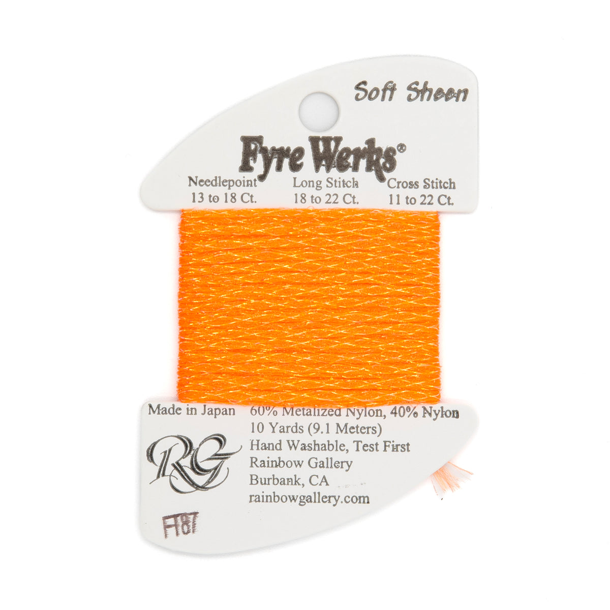 Fyre Werks Soft Sheen FT87 Vibrant Orange — Rainbow Gallery thread for needlepoint, 13 and 18 mesh