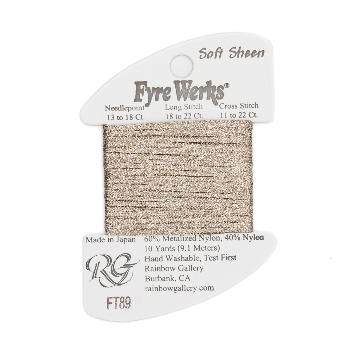 Fyre Werks Soft Sheen FT89 Misty Beige — Rainbow Gallery thread for needlepoint, 13 and 18 mesh