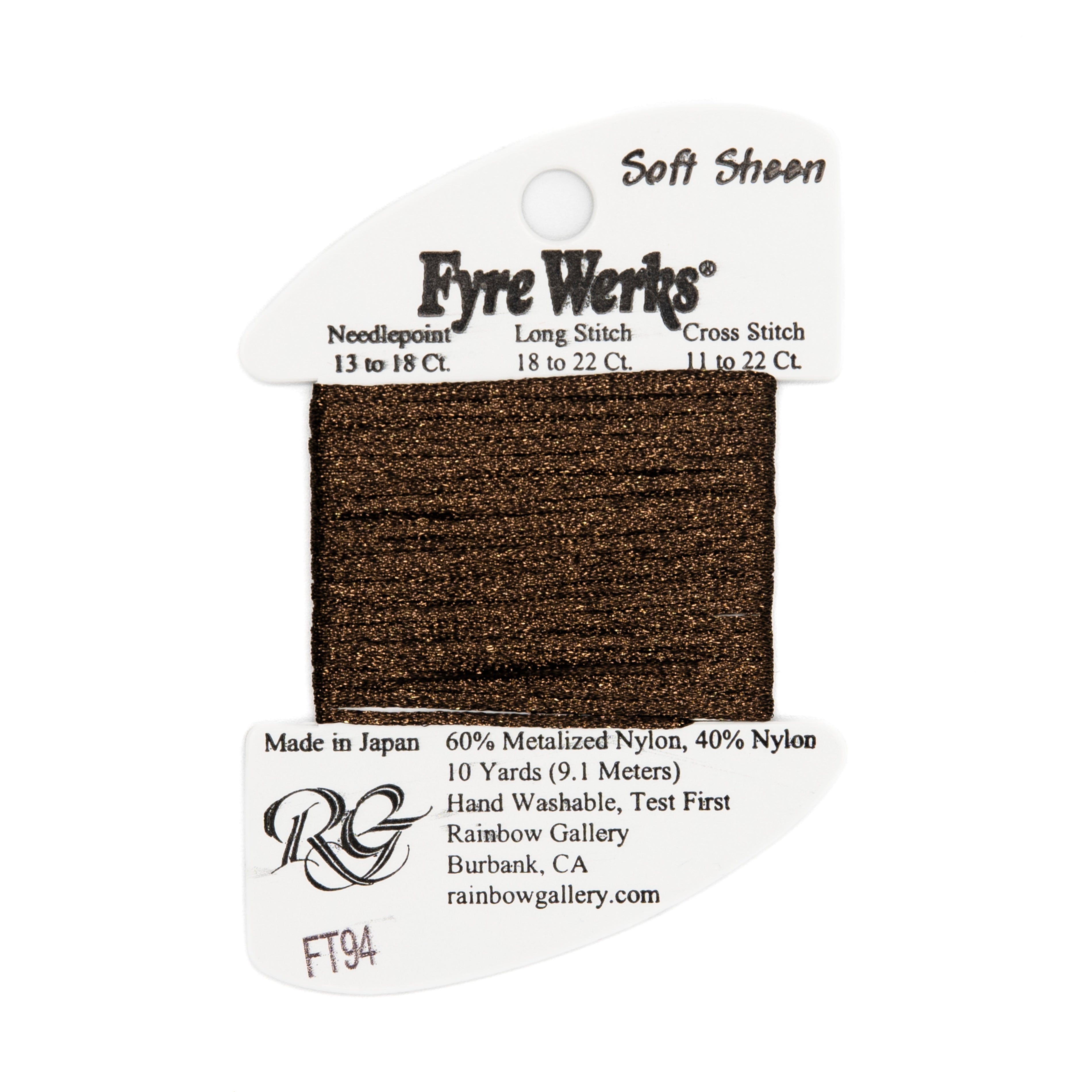 Fyre Werks Soft Sheen FT94 Chocolate Kiss — Rainbow Gallery thread for needlepoint, 13 and 18 mesh
