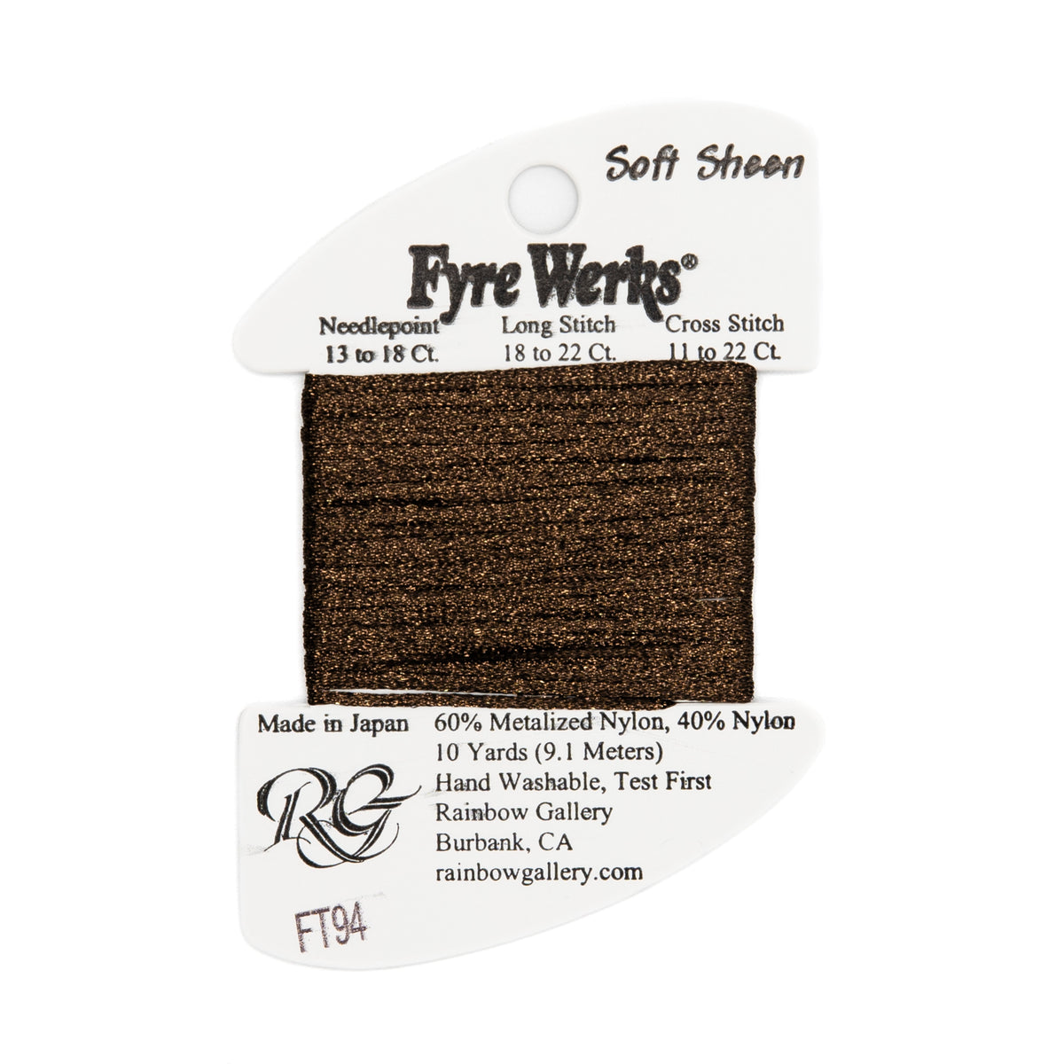 Fyre Werks Soft Sheen FT94 Chocolate Kiss — Rainbow Gallery thread for needlepoint, 13 and 18 mesh