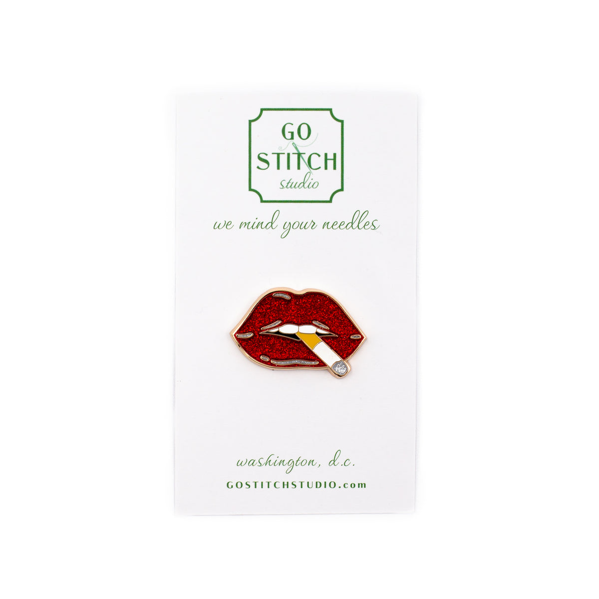 Hot Lips Needle Minder by Go Stitch Studio — needlepoint accessory from Angel City Stitchery
