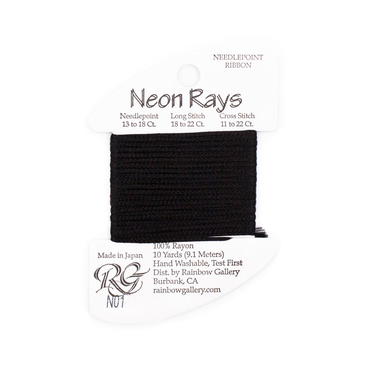 Neon Rays N01 Black — Rainbow Gallery thread for needlepoint, 13 and 18 mesh