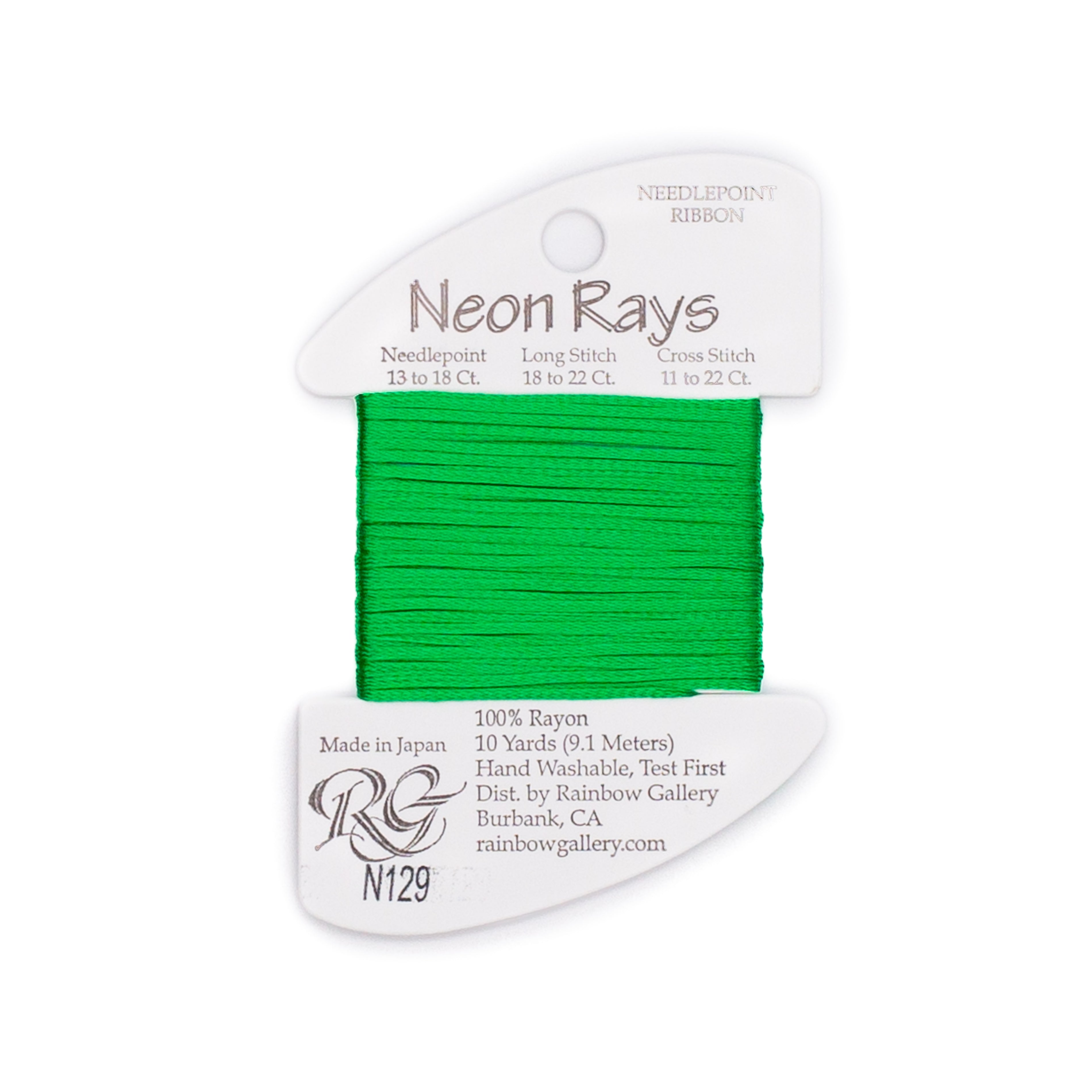 Neon Rays N129 Lite Christmas Green — Rainbow Gallery thread for needlepoint, 13 and 18 mesh