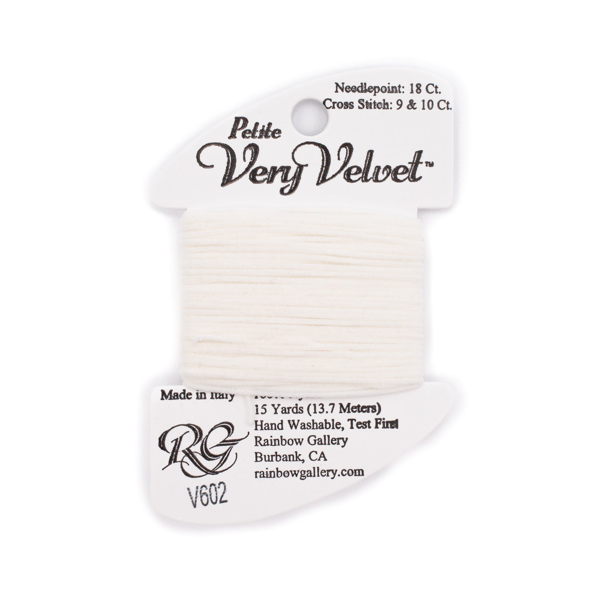 Petite Very Velvet V602 White — Rainbow Gallery thread for needlepoint, 18 mesh