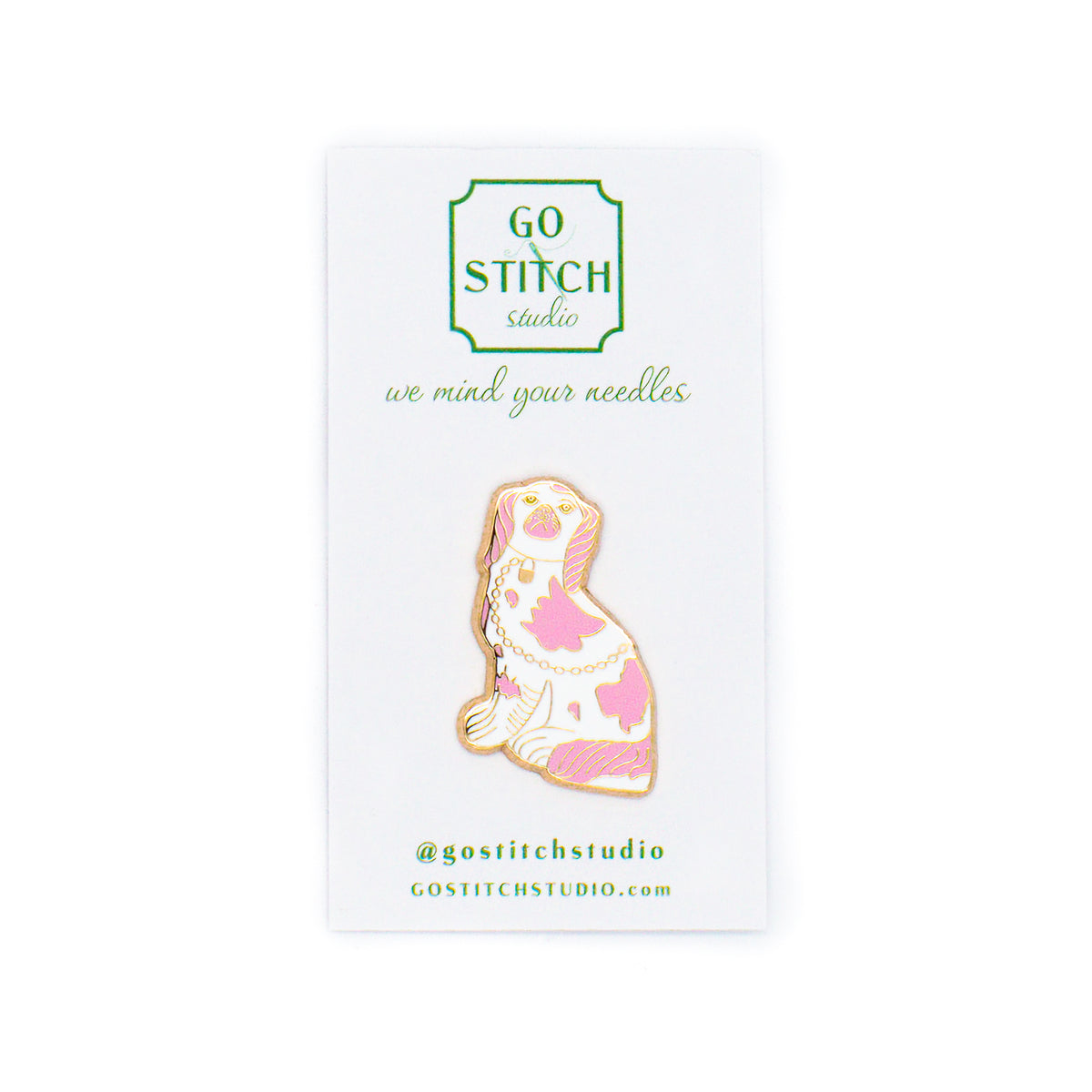 Pink Staffordshire Dog Needle Minder by Go Stitch Studio — needlepoint accessory from Angel City Stitchery