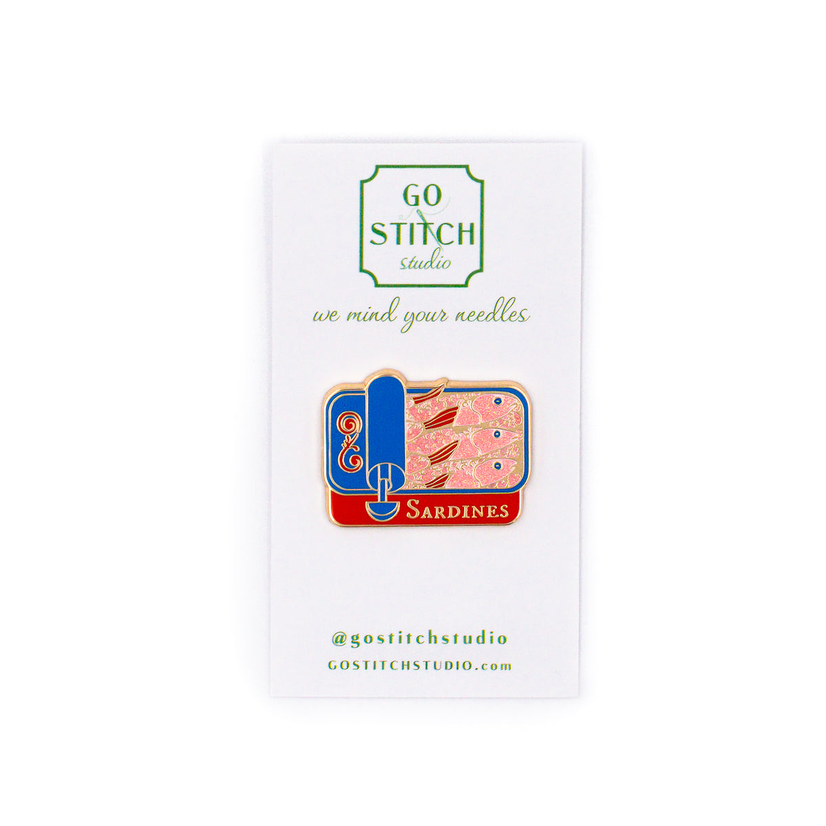 Red & Blue Sardine Can Needle Minder by Go Stitch Studio — needlepoint accessory from Angel City Stitchery