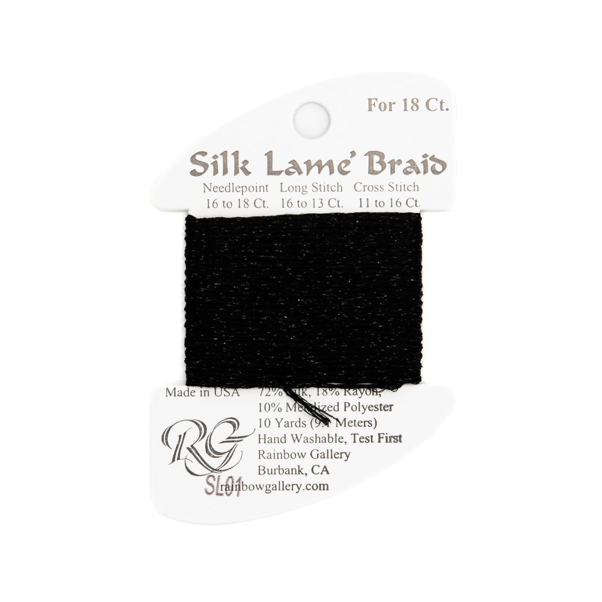 Silk Lame Braid 18 SL01 Black — Rainbow Gallery thread for needlepoint, 18 mesh