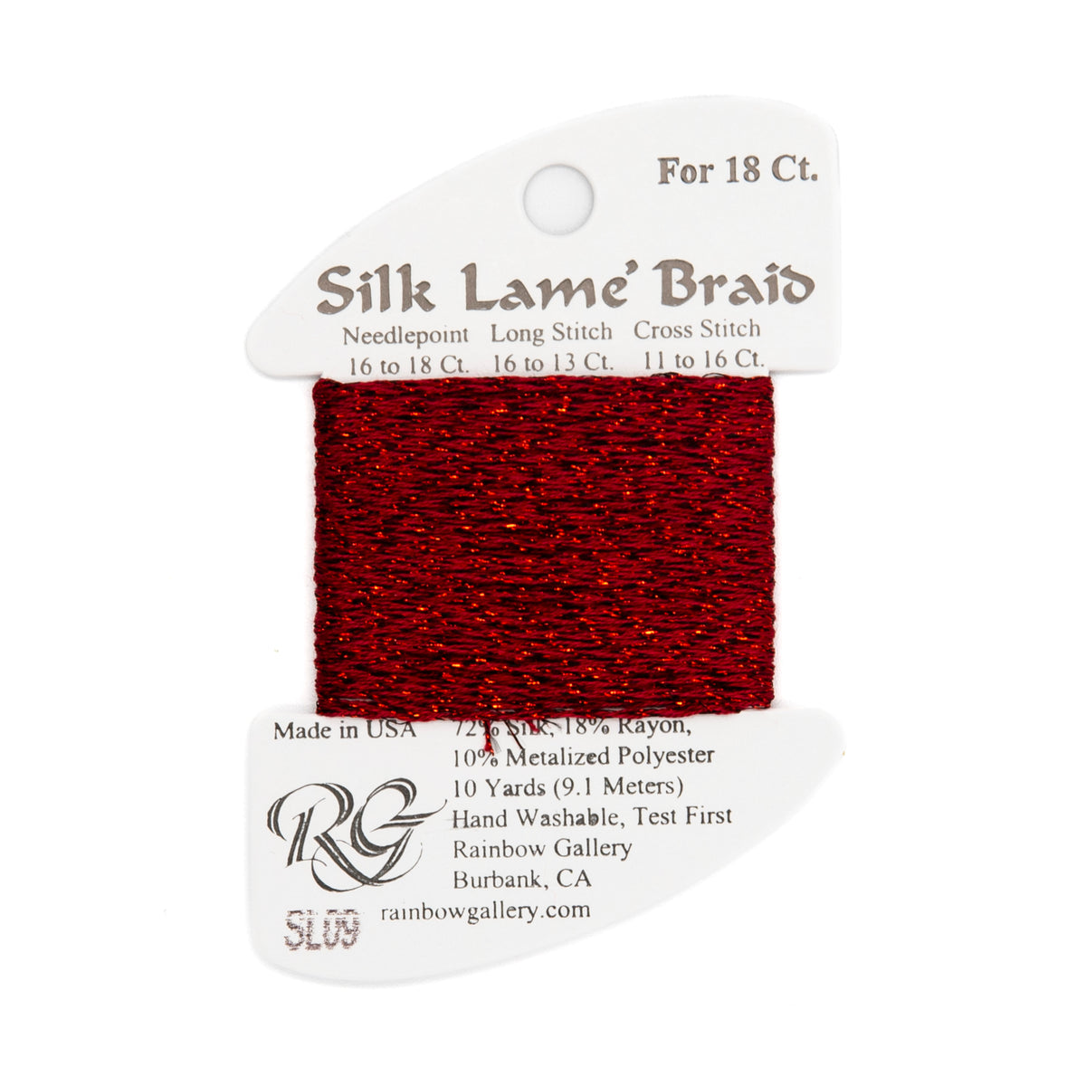 Silk Lame Braid 18 SL09 Dark Red — Rainbow Gallery thread for needlepoint, 18 mesh