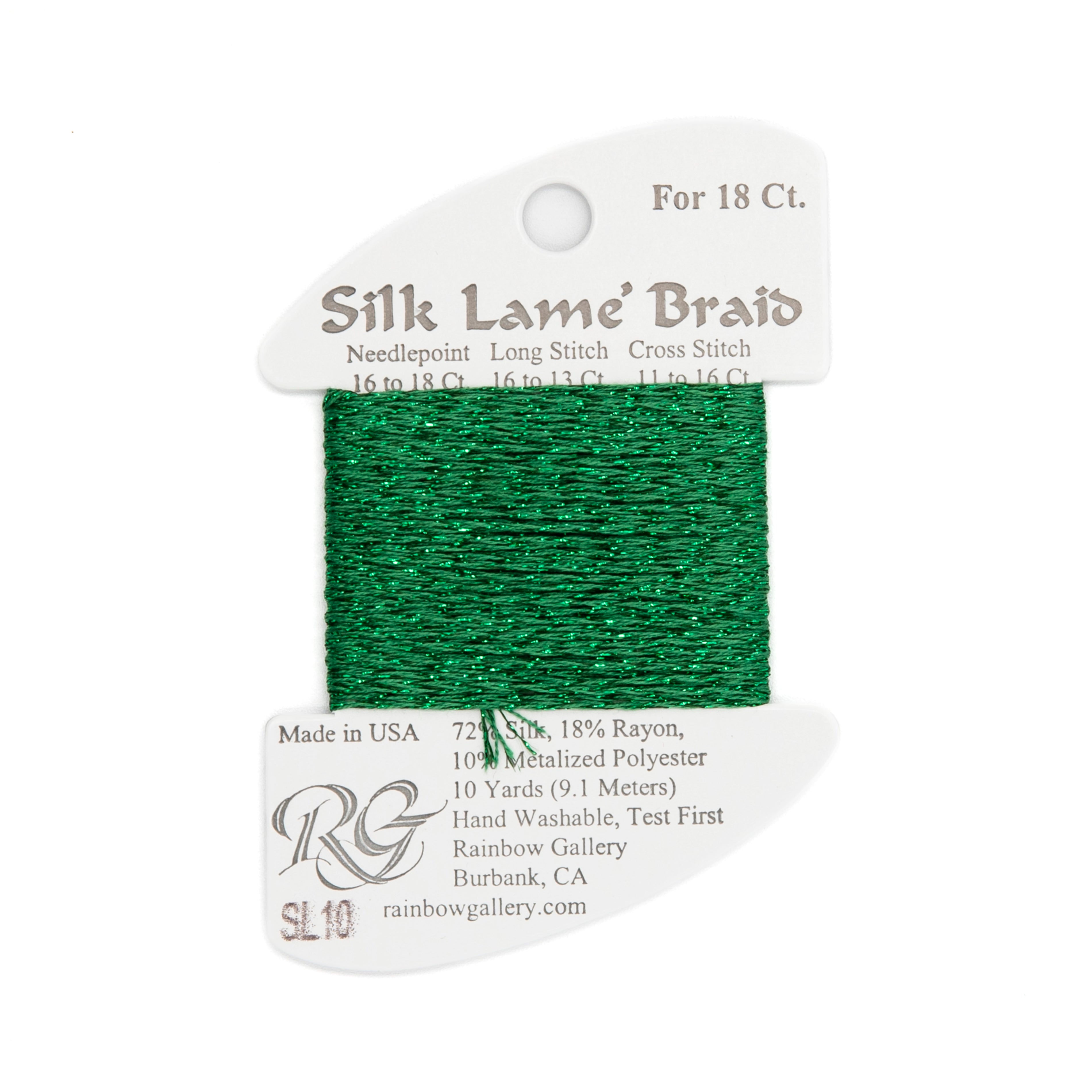 Silk Lame Braid 18 SL10 Green — Rainbow Gallery thread for needlepoint, 18 mesh