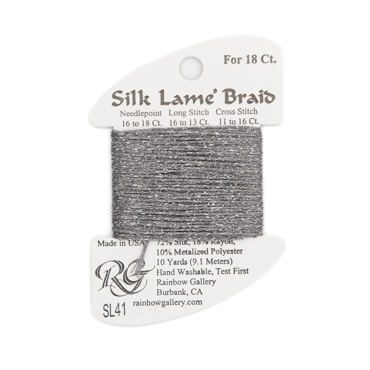 Silk Lame Braid 18 SL41 Pewter — Rainbow Gallery thread for needlepoint, 18 mesh