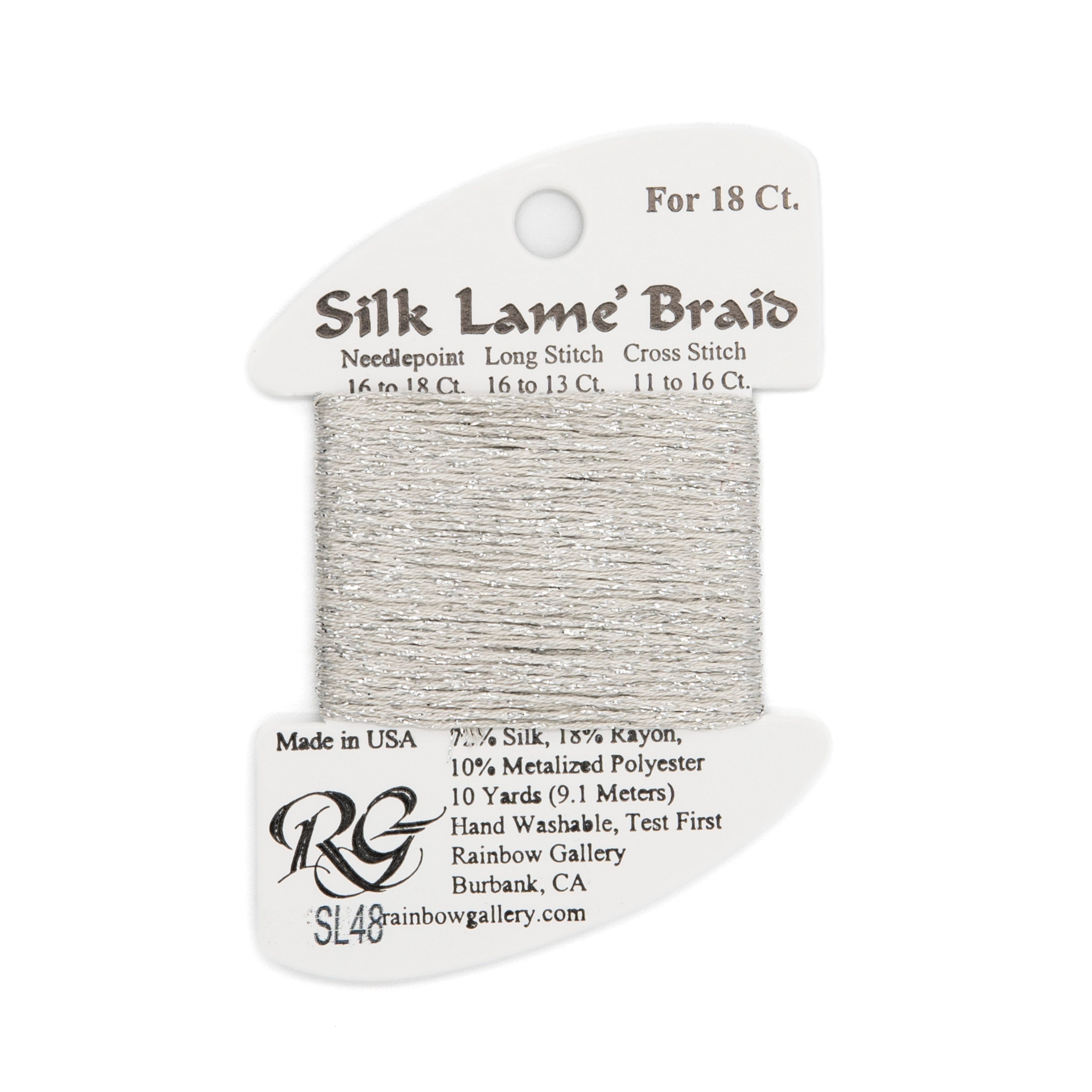 Silk Lame Braid 18 SL48 Silver — Rainbow Gallery thread for needlepoint, 18 mesh