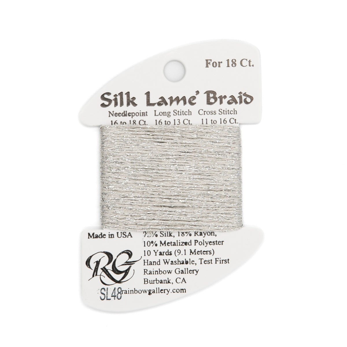 Silk Lame Braid 18 SL48 Silver — Rainbow Gallery thread for needlepoint, 18 mesh
