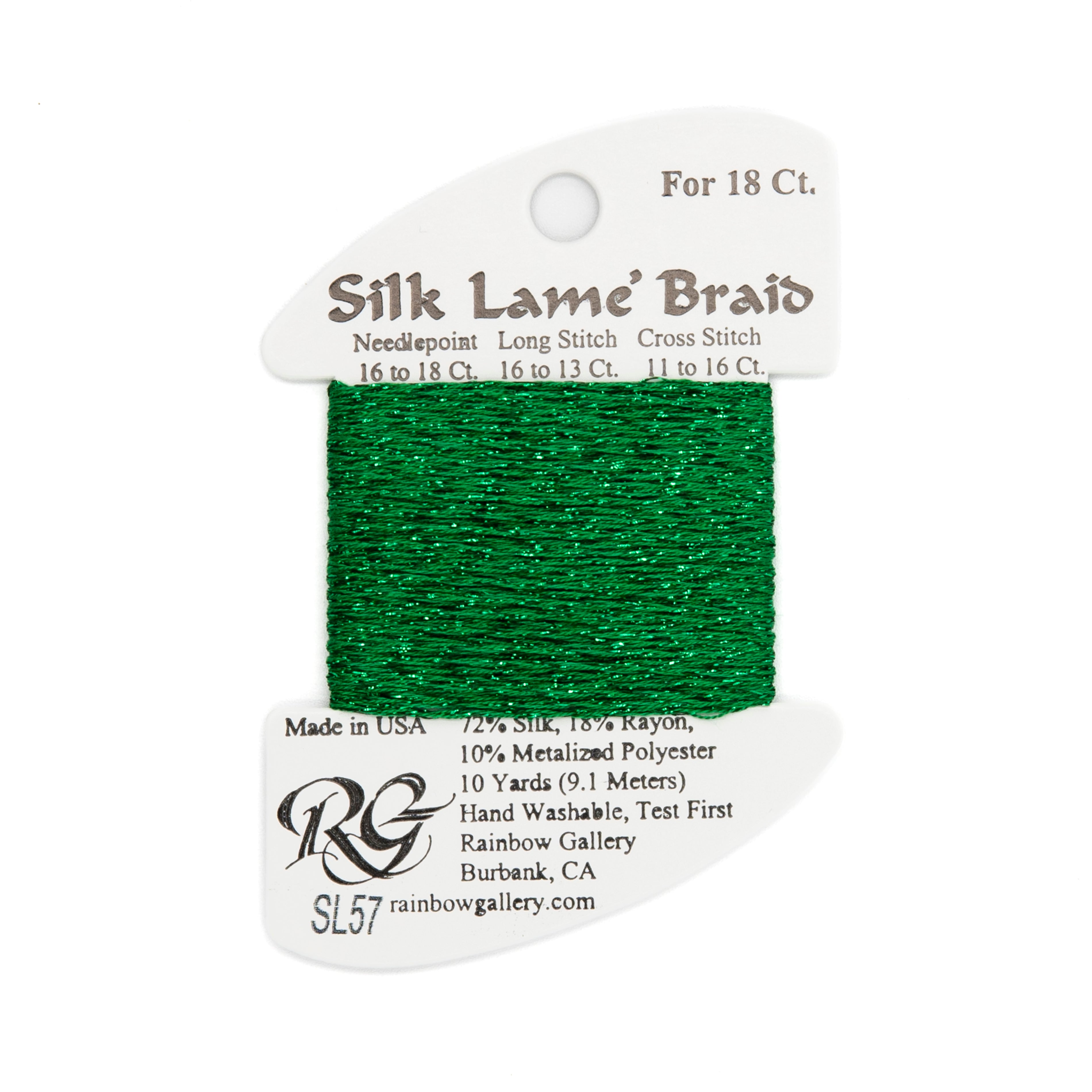 Silk Lame Braid 18 SL57 Christmas Green — Rainbow Gallery thread for needlepoint, 18 mesh