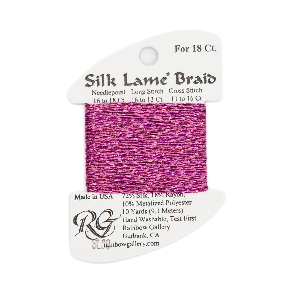 Silk Lame Braid 18 SL80 Pink Carnation — Rainbow Gallery thread for needlepoint, 18 mesh